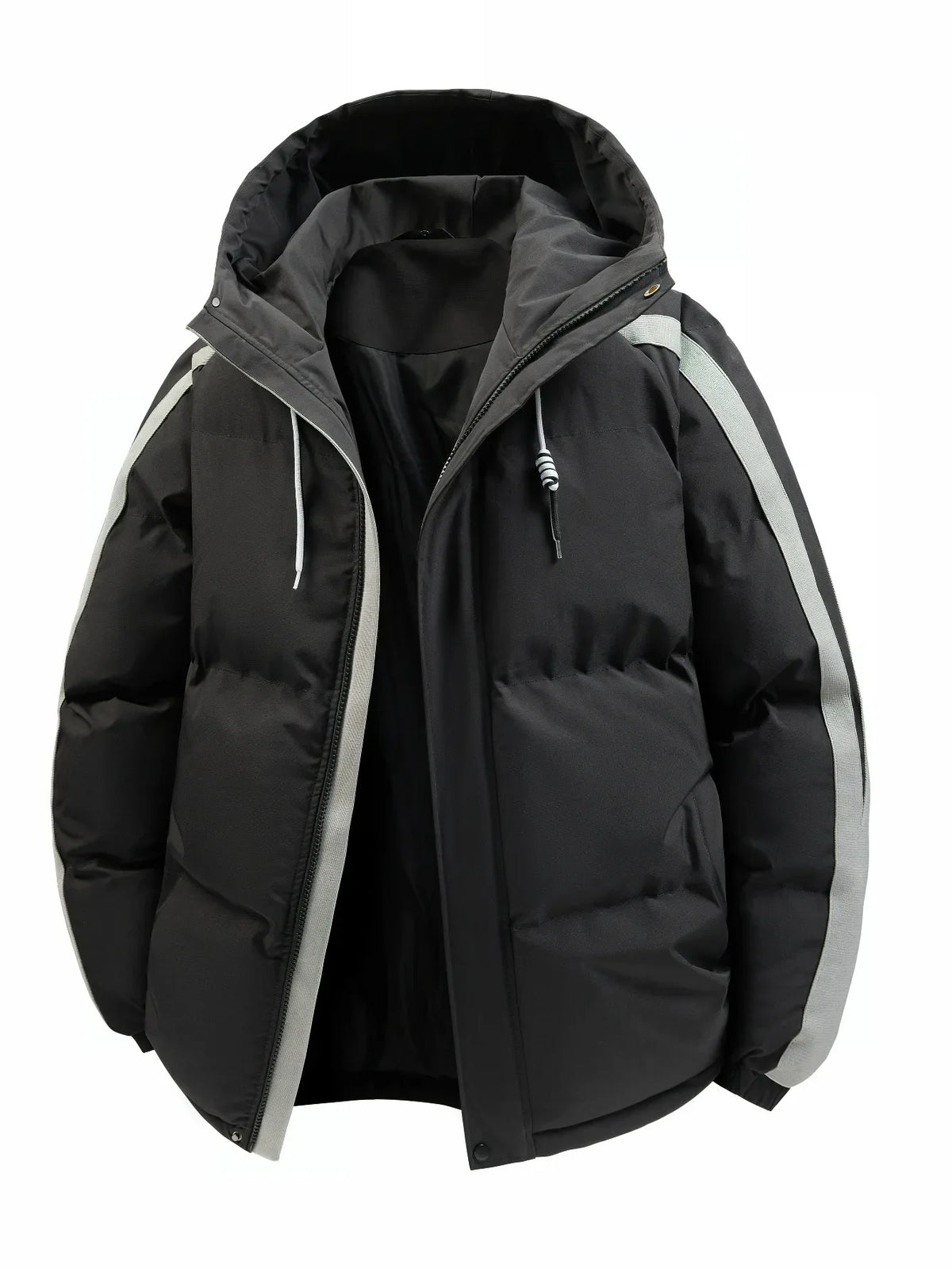 Padded men's winter jacket with hood and stripes - Warm puffer jacket