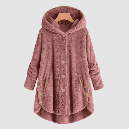 Damen Fleecejacke mit Kapuze Teddy-Optik Langarm Knopfleiste unregelmäßigem Saum