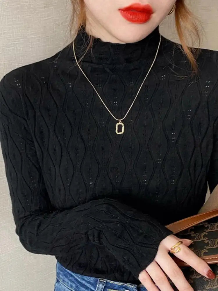 Women's stand-up collar long-sleeved fine-knit sweater with wave pattern