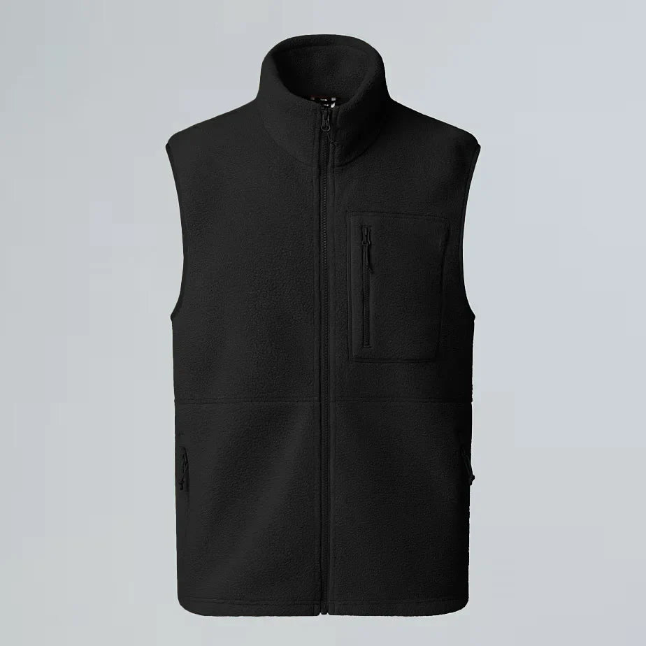 Unisex fleece vest with stand-up collar, zipper, and chest pocket