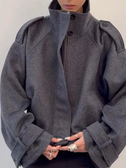 Short women's jacket with stand collar, gray and black, oversized