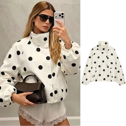Women's white polka dot bomber jacket with stand collar