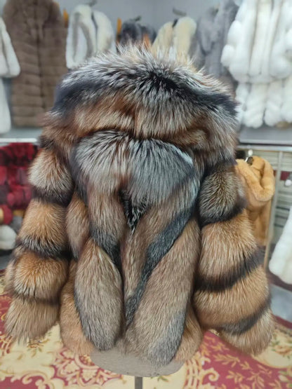 Fur coat with hood and striped pattern, short winter coat