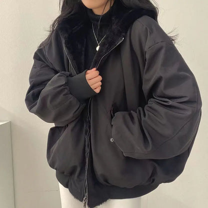 Wende Bomberjacke Damen gefüttert Oversize Teddyfell Kapuze