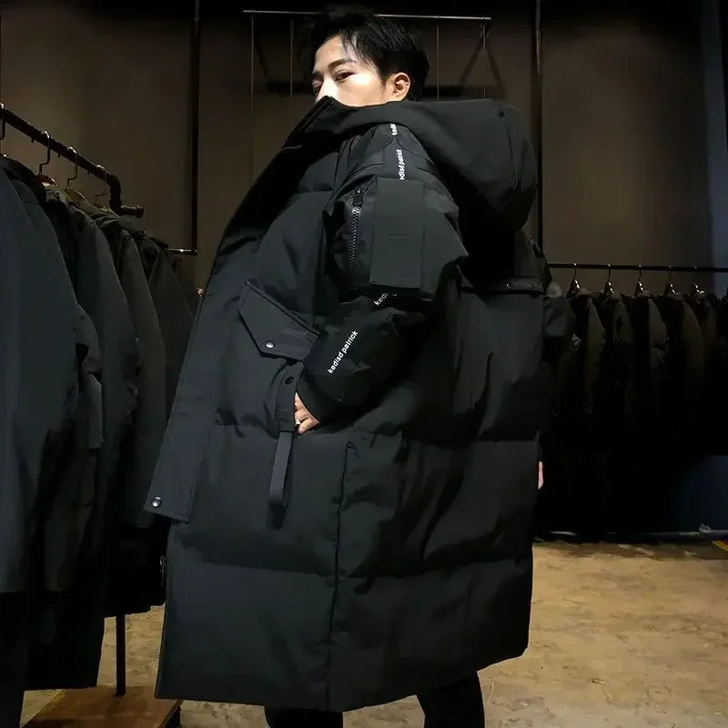Men's long winter coat with hood and zipper, padded, black