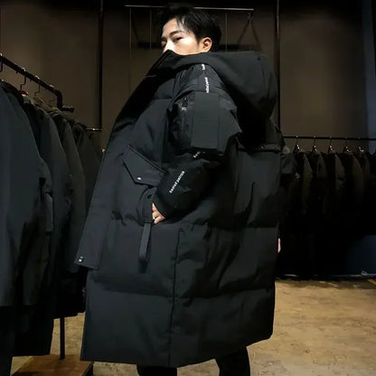Men's long winter coat with hood and zipper, padded, black