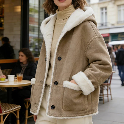 Women's jacket with hood & teddy lining brown