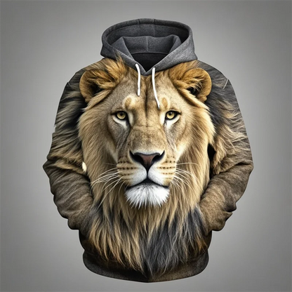 Hoodie with lion head print, beige/brown
