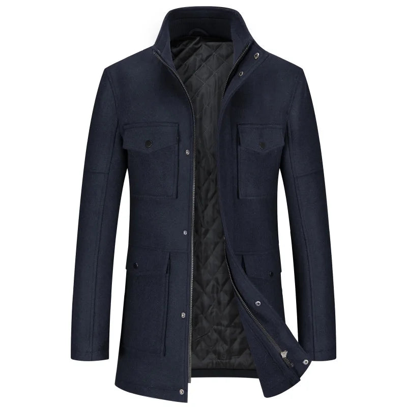 Men's wool jacket with stand-up collar, winter coat with zipper and buttons