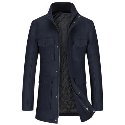 Men's wool jacket with stand-up collar, winter coat with zipper and buttons