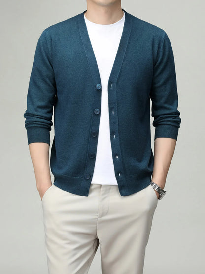 Men's V-neck cardigan with button placket, plain