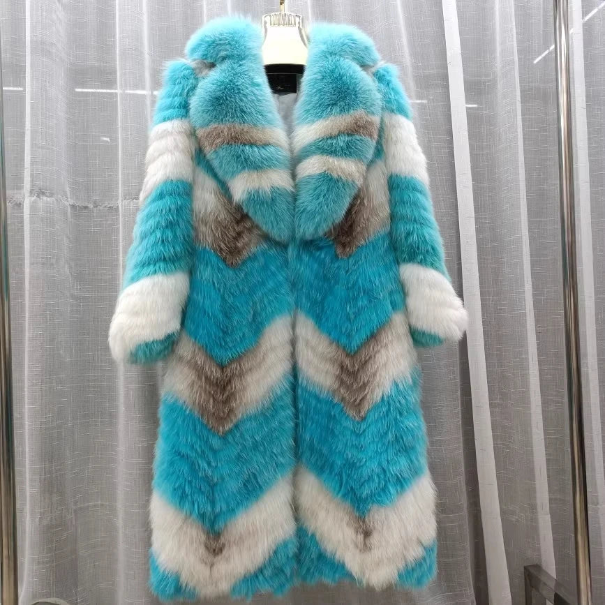 Long women's faux-fur coat with chevron pattern, warm winter coat