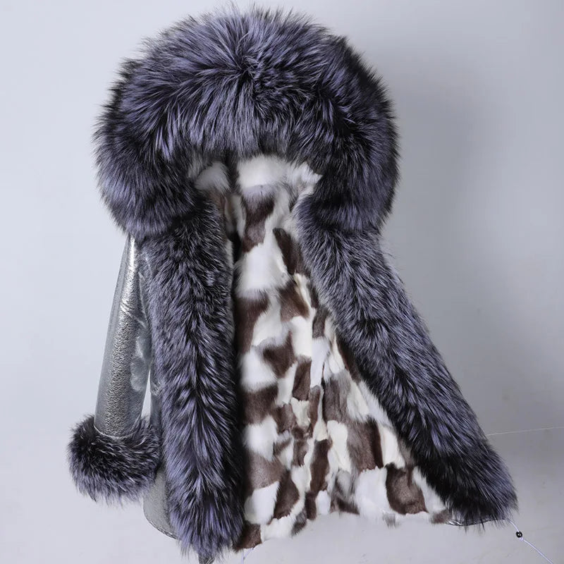 Women's winter parka with pink faux fur lining & hood