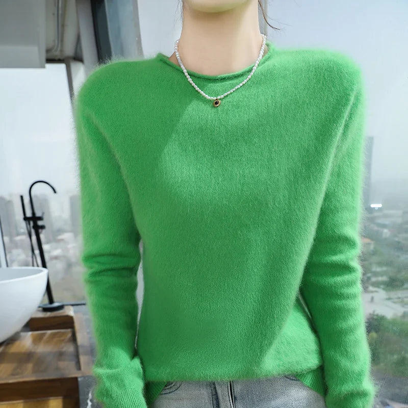Women's Fuzzy Pink Crew-Neck Long-Sleeve Sweater