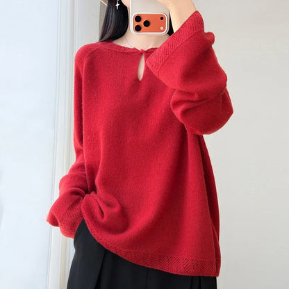 Women's Long-Sleeve Crewneck Sweater with Eyelet-Pattern Details