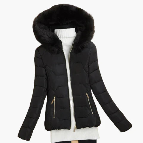 Damen Winter Steppjacke mit Kapuze und Fellkragen – Eleganter Outdoor Mantel
