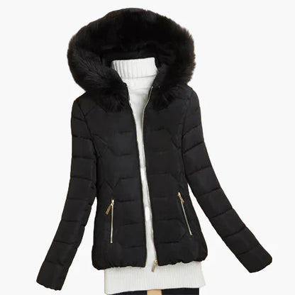Damen Winter Steppjacke mit Kapuze und Fellkragen – Eleganter Outdoor Mantel