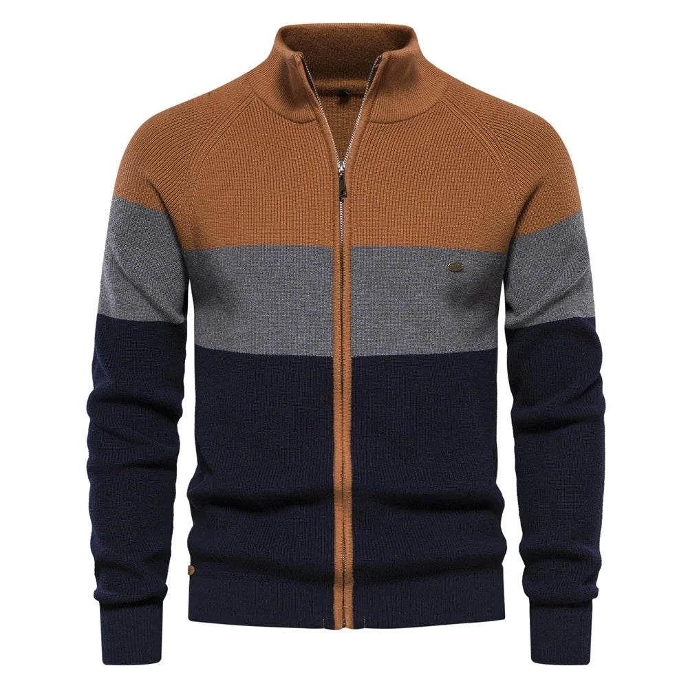 Men's zip-up cardigan with stand collar and color-block design
