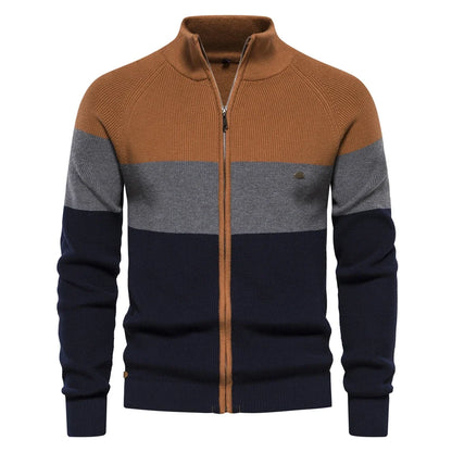 Men's zip-up cardigan with stand collar and color-block design