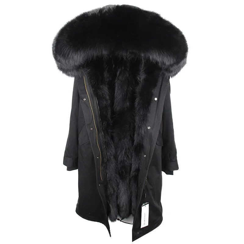 Long winter parka coat with hood and fur trim for women