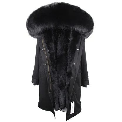 Long winter parka coat with hood and fur trim for women