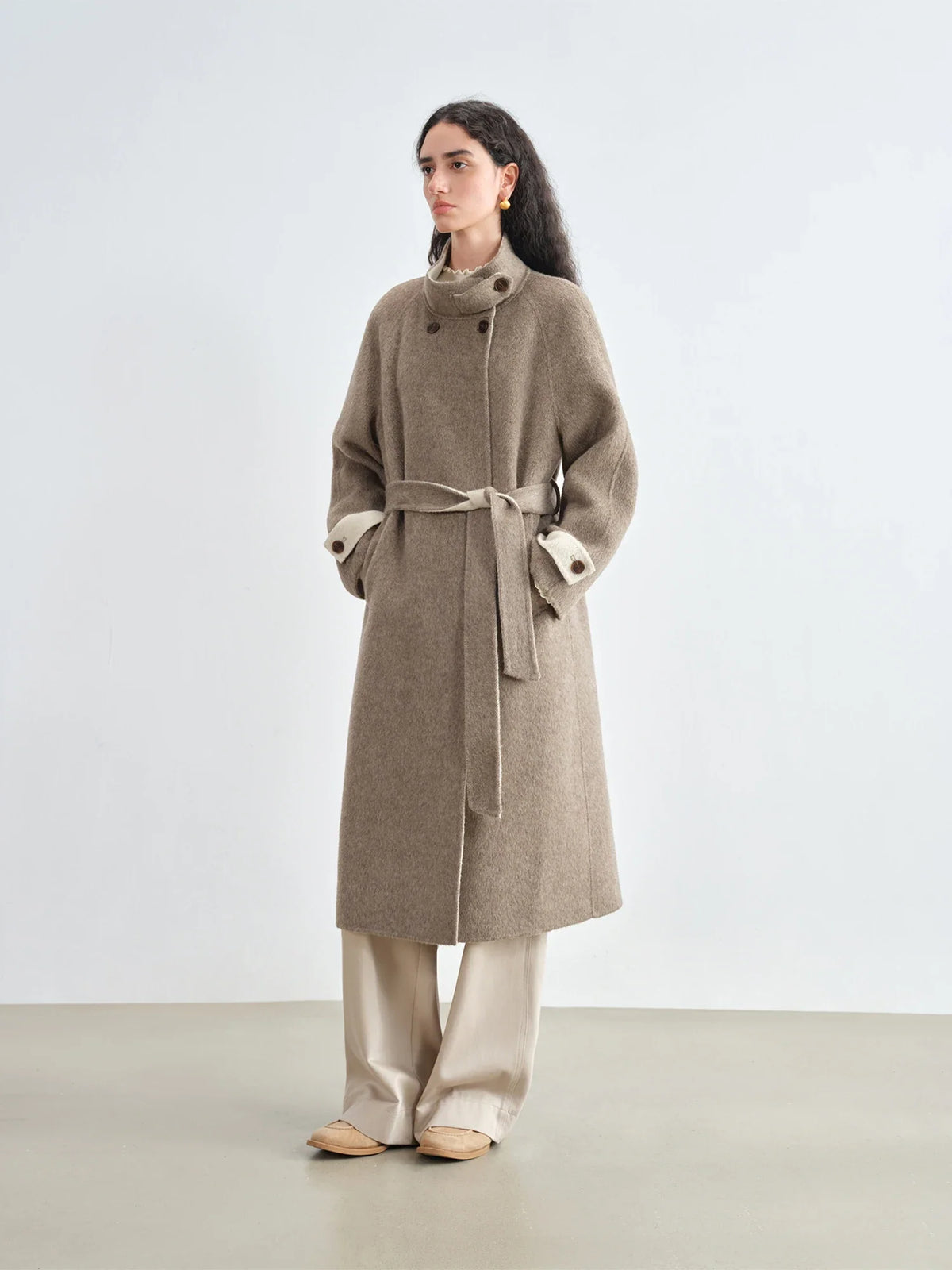 Women's long wool-look coat with wrap belt and stand collar, brown