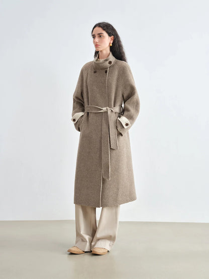 Women's long wool-look coat with wrap belt and stand collar, brown
