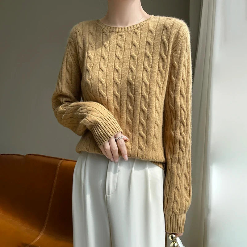 Damen Pullover Zopfmuster Rundhals Langarm Strickpullover