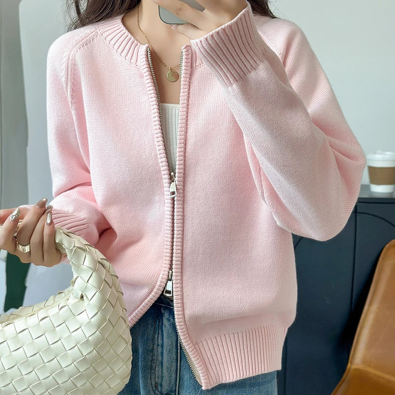 Women's zip-up cardigan with crew neck