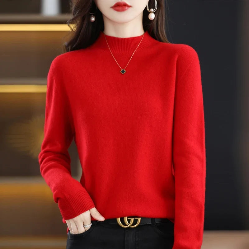 Women's sweater with stand-up collar, long-sleeved, fine-knit basic top
