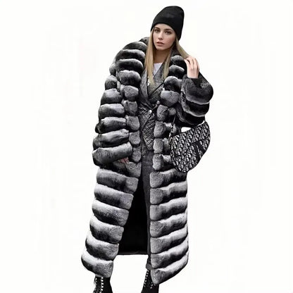 Damen Langer Faux-Pelz-Mantel Gestreift Schwarz-Weiß Warmer Wintermantel