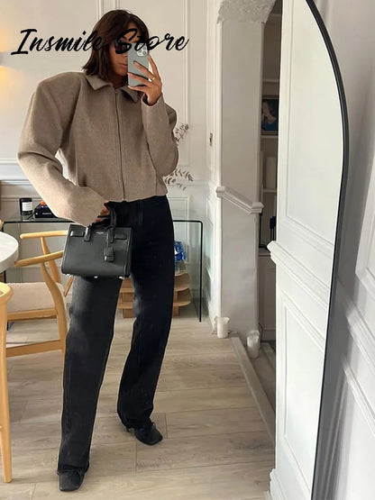 Kurze Damen Übergangsjacke mit Reißverschluss, Kragen und langen Ärmeln
