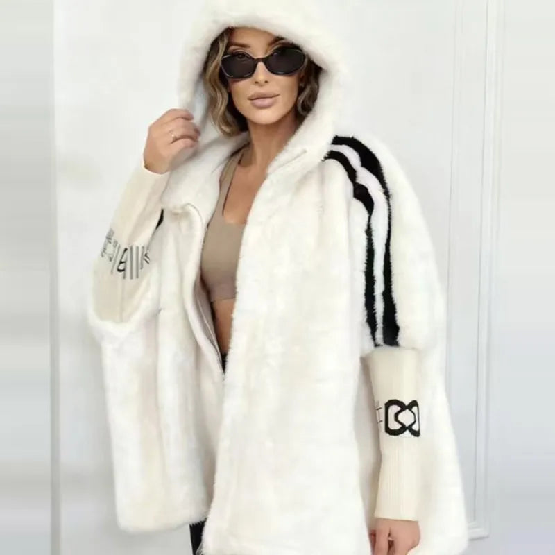 Women's plush hooded jacket with knitted sleeves and stripes