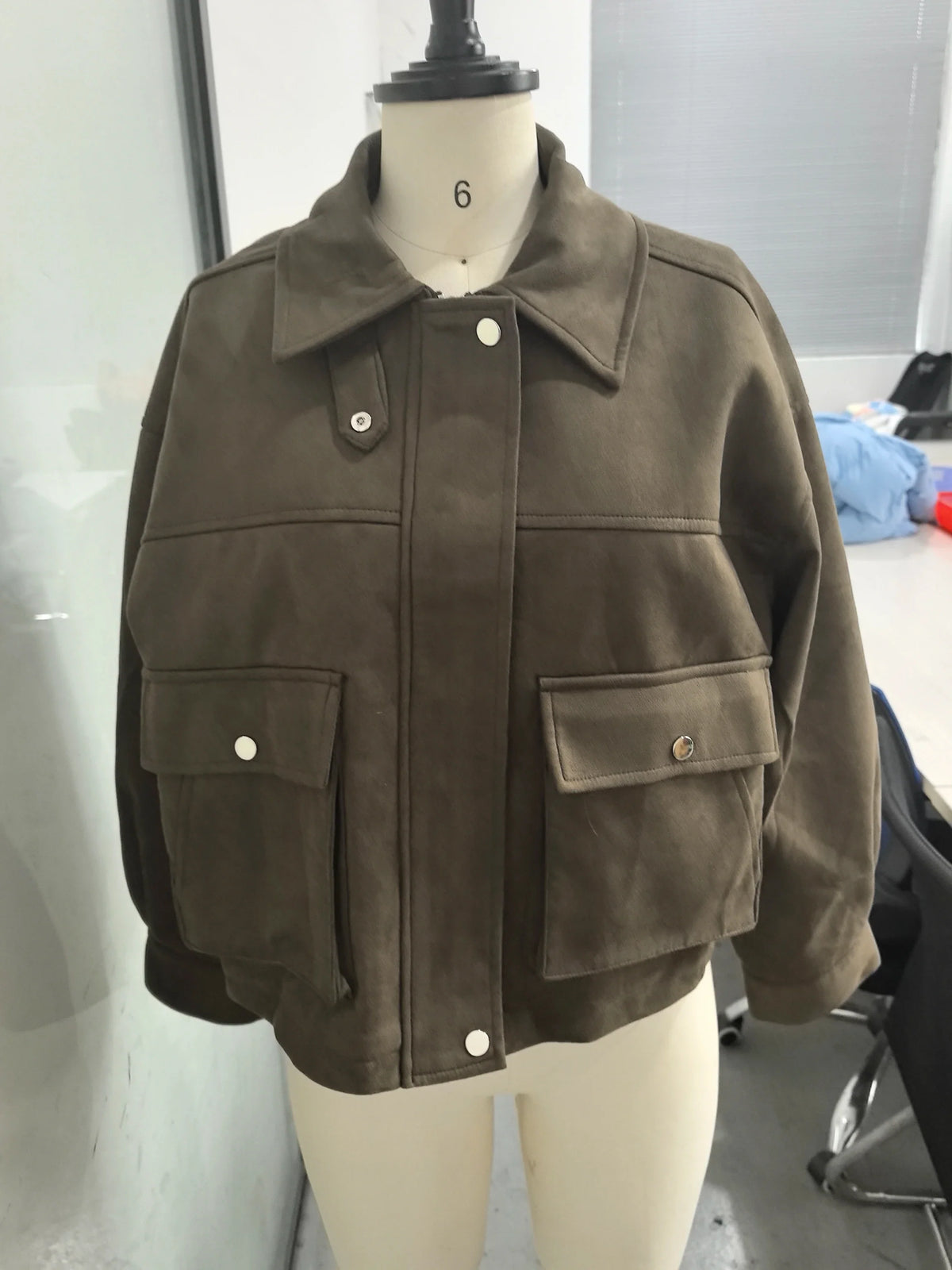 Women's suede-look bomber jacket stand collar short sleeve dark brown