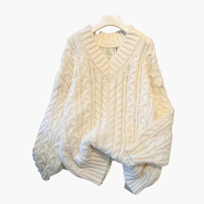 Damen Grobstrick Pullover mit Zopfmuster und V-Ausschnitt – Gemütlicher Freizeit-Stil