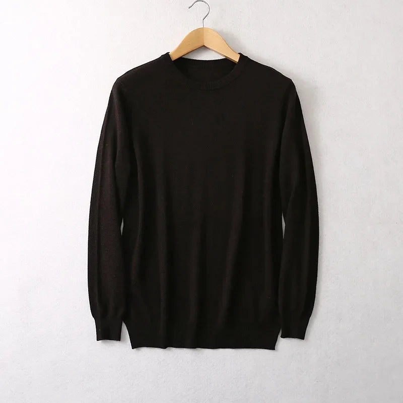 Unisex crew-neck sweater, long sleeves, fine knit, in black, gray, or brown