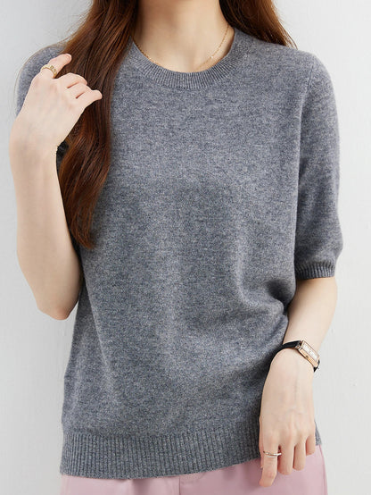 Women's short-sleeve knitted sweater, crew neck, ribbed hem