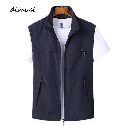 Men's vest with stand-up collar, zipper, and multiple pockets