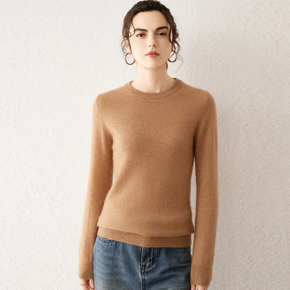 Women's crew-neck long-sleeve basic knitted sweater, cozy pullover