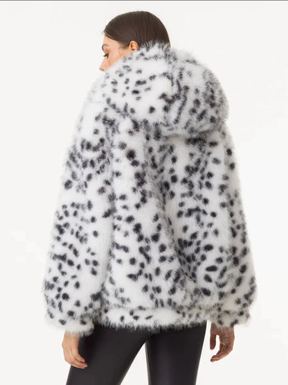 Women's faux-fur hooded jacket with a black-and-white spotted pattern
