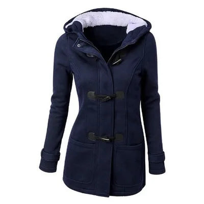 Women's winter coat with hood and toggle closure, warmly lined