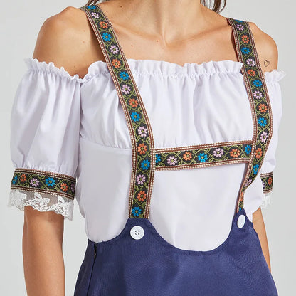 Damen Dirndl-Kleid mit Trägern und Carmen-Bluse, bestickt