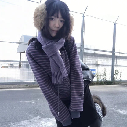 Women's striped zip-up hoodie with long sleeves and hood, lilac-gray mélange