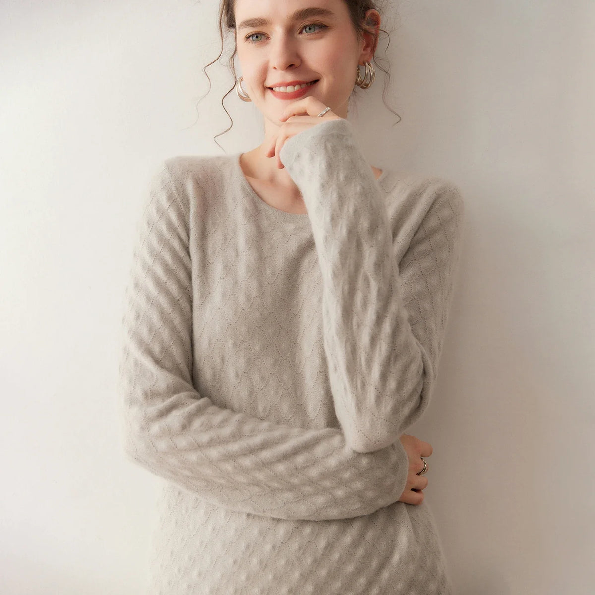 Damen Pullover Rundhalsausschnitt Langarm Strickpullover Strukturiert