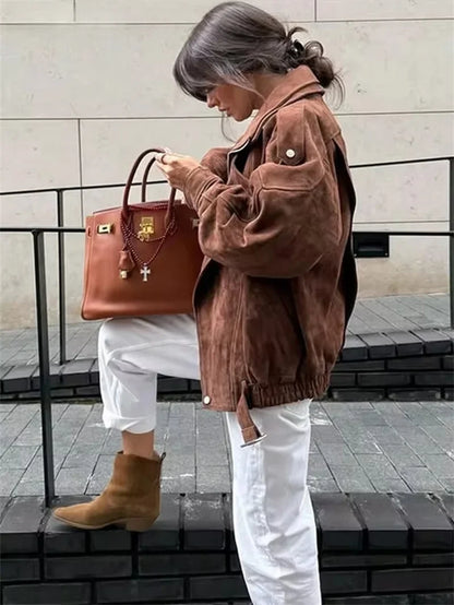 Women's suede-look biker jacket asymmetric zipper