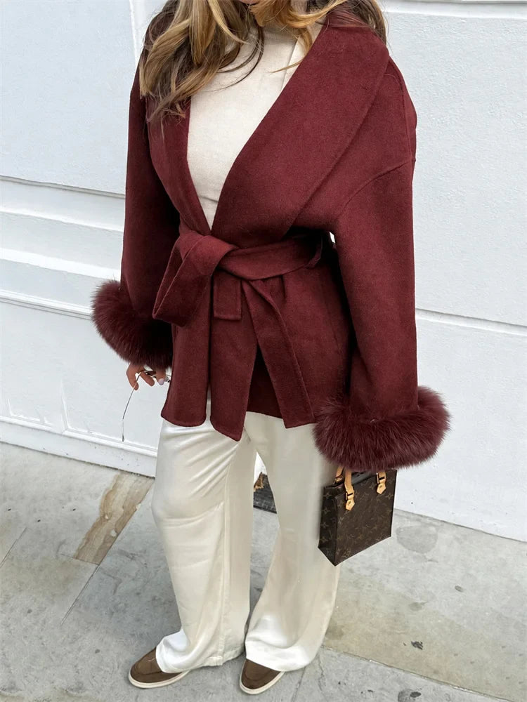 Short women's wrap coat with faux-fur sleeves and tie belt
