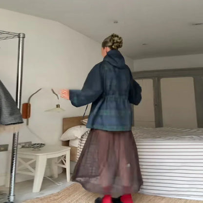 Damen karierte Regenjacke mit Kapuze, blau-grün