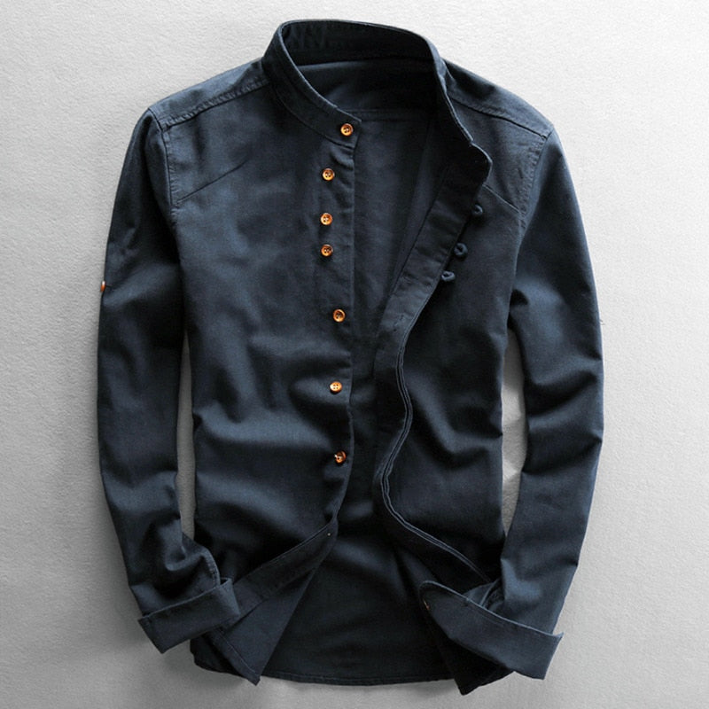 Men's Stand Collar Casual Shirt Vintage Style – Modern Long Sleeve Shirt for Everyday and Business