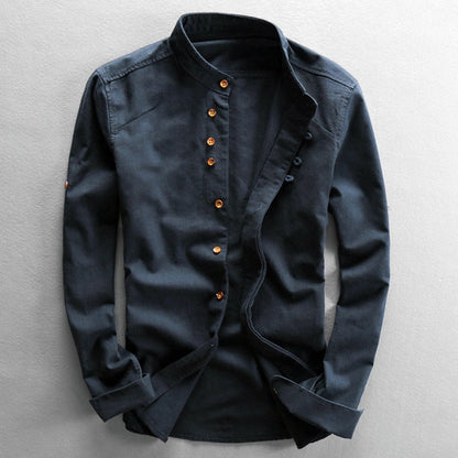 Men's Stand Collar Casual Shirt Vintage Style – Modern Long Sleeve Shirt for Everyday and Business