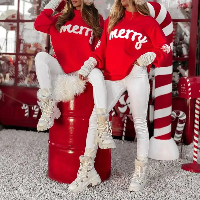 Women's red Christmas sweater with stand-up collar & "Merry" lettering, long sleeves